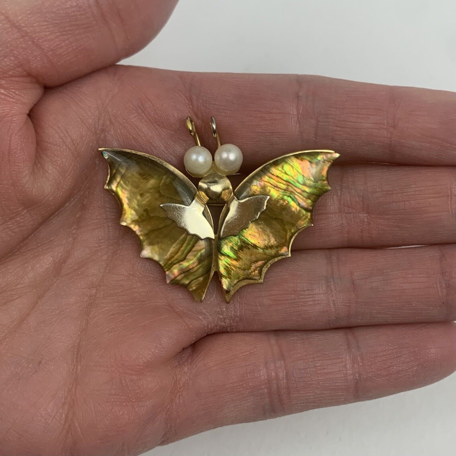 Abalone Butterfly Brooch Pin Faux Pearl Eyes Gold… - image 7