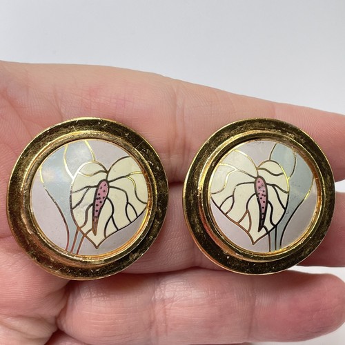 Laurel Burch Anthurium Floral Enameled Lilly Clip On Earrings Vintage Signed - Picture 3 of 8