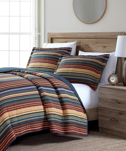 Vorgewaschene Baumwoll-Quilt-Set mehrgestreifte Abdeckung Tagesbettbezug, Überwurfdecke - Bild 2 von 12