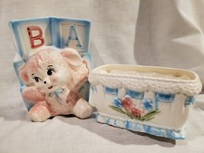 2 VINTAGE baby Bassinet Cradle  LAMB Relpo ceramic nursery planters Japan