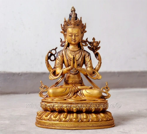 Antique Kwan-yin Buddha Statue blessed 4 arms guanyin Old Bronze gilt 12.4“/31cm - Picture 2 of 10
