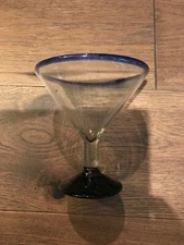 Mexican Hand Blown Martini Margarita Glass Cobalt Blue Rim 6 in. 