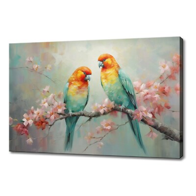 Schöne Papageien lieben Vögel auf rosa Blütenbaum Leinwandbild, heitere Kunst