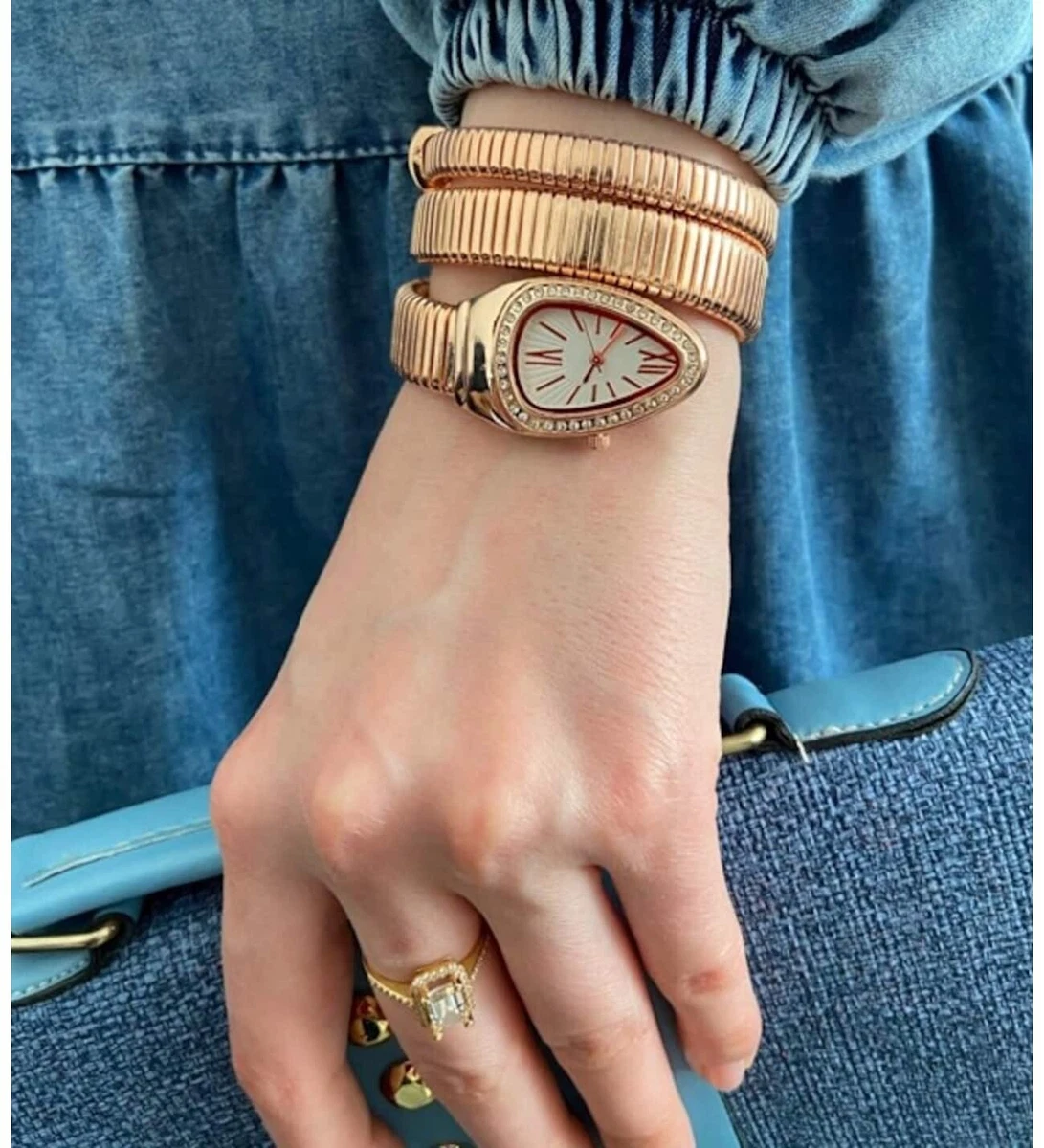 Elegant Women s Rose Gold Snake Patterned Quartz Stone Watch Exquisite Style