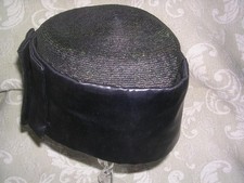 Beautiful Vintage 1960's Herbel Black Pillbox Hat Satin Woven Straw