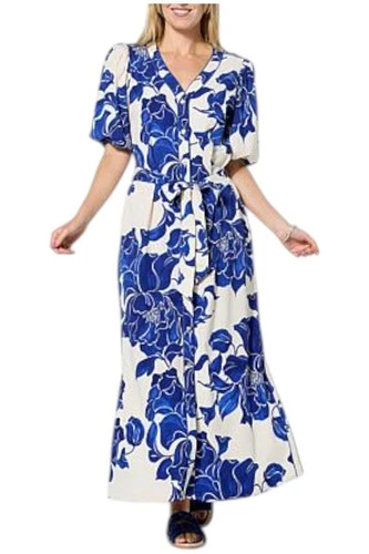 G by Giuliana Woven Embroidered Puff-Sleeve Midi Dress Blue Floral