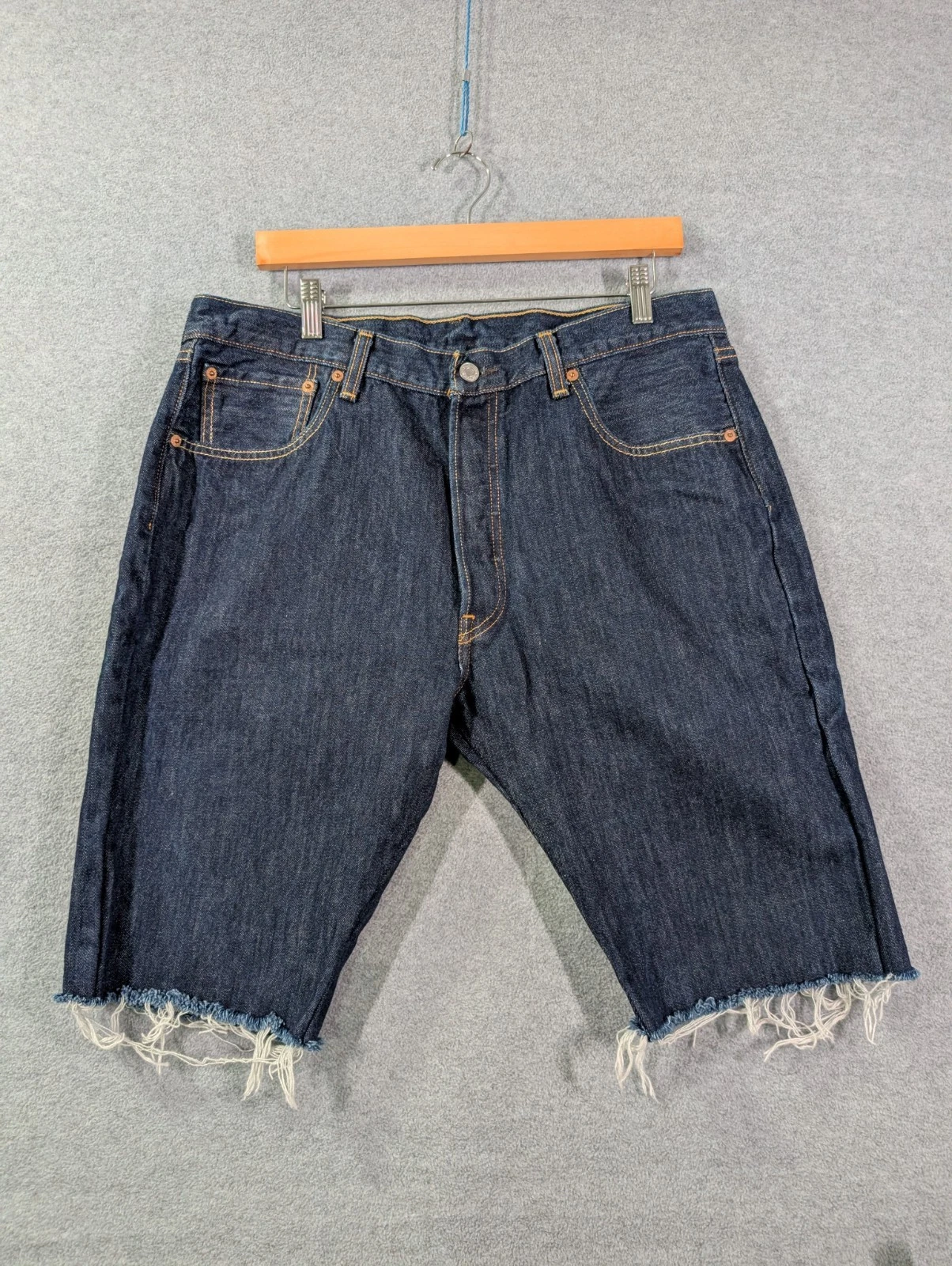 Levis 501 Cut Off Shorts Mens 36 Blue Button Fly Denim Jeans Dark Wash Frayed