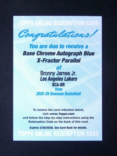 2025-26 Topps Bowman Chrome Bronny James Jr. Auto Blue X-Fractor /150
