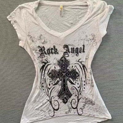Womens Y2K Rock Angel Cross Graphic V Neck T Shirt Slim Fit Gothic Top