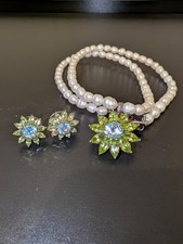 HAN 925 Sterling Silver Peridot Blue Topaz Freshwater Pearl Necklace Earring Set