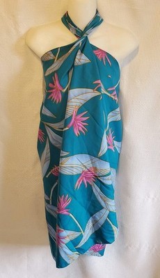 Vtg Hilo Hattie OSFM Birds Of Paradise Blue Floral Wrap Hawaiian Sarong Tropical