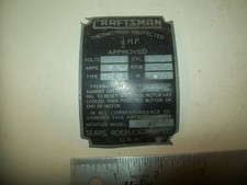 Craftsman 1/2 HP Motor Nameplate  From 10" Craftsman Wood Lathe #534.06260