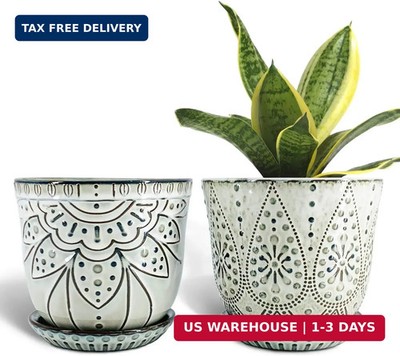 Gepege 6 Inch Beaded Ceramic Planter Set of 2 with Drainage Hole and Saucer for 