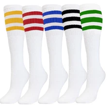 5 PK STRIPED TUBE SOCKS COTTON ASSORTED COLOR 22 INCH LONG SOCKS OLD SCHOOL