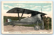 POSTCARD American Aviator and His French Instructor Inspecting Battle Plane