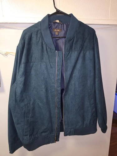 The image shows a teal/blue faux-suede or micro-suede bomber jacket with a... - product listing photo