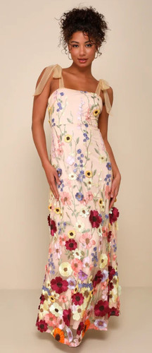 Lulus Thriving Poise Blush 3D Floral Embroidered Tie-Strap Maxi Dress