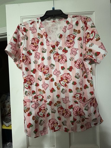 🍓 Strawberry Shortcake Women's Scrub Top – Pink Striped – Size L 🍓🍰
