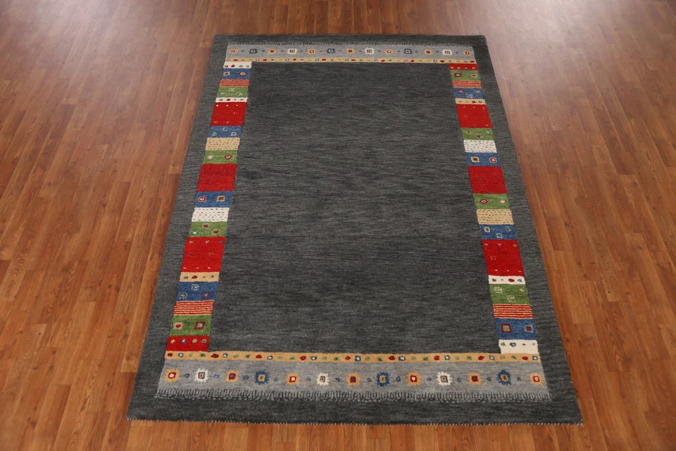 Bordered Artisan-crafted Grey Gabbeh Rug Wool Hand-tufted Carpet 5x8 ft - Image 3 of 4