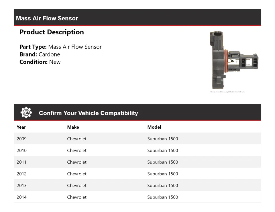 Sensor de flujo de aire másico Cardone 2010 2011 para Chevrolet Suburban 1500 2009-2014 Foto 2 de 4