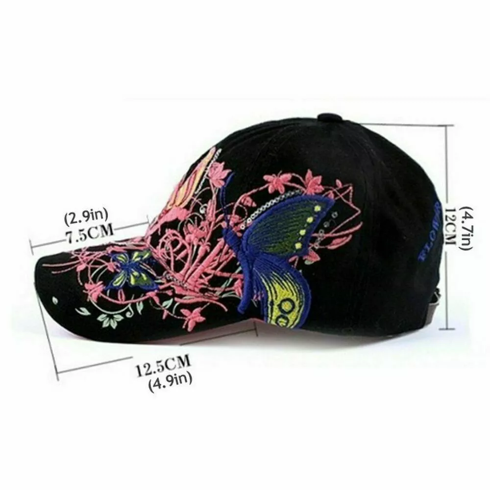 Baseball Cap For Women With Butterflies And Flowers Embroidery Adjustable |  eBay