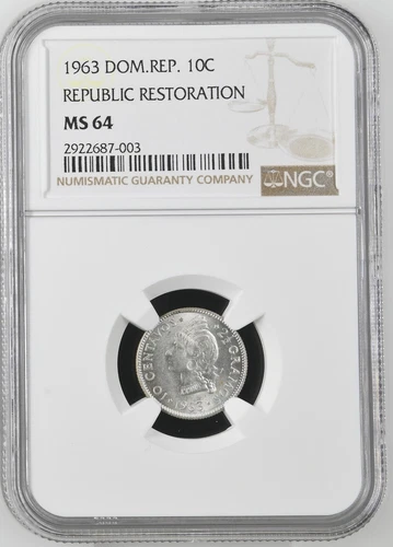 Dominican Republic 10 Centavos 1963 NGC GRADED MS 64 REPUBLIC RESTORATION SILVER