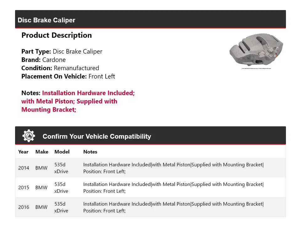 Pinza de freno de disco delantera izquierda Cardone 2015 para BMW 535d xDrive 2014-2016 Foto 2 de 4