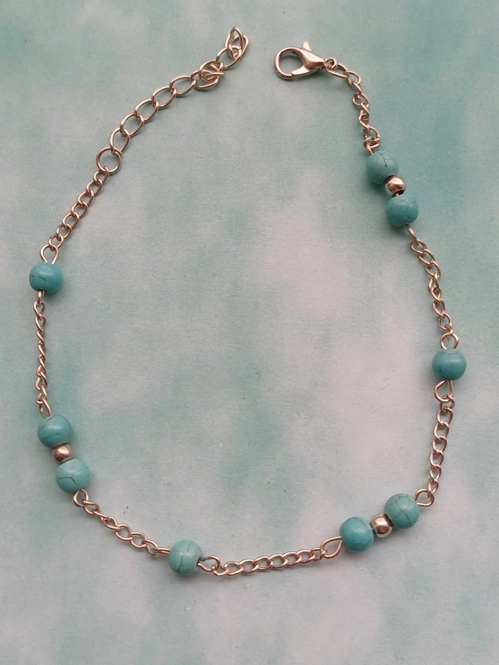 Tobillera moderna bohemia imitación turquesa y tono plata con cuentas eslabones cadena  Foto 3 de 4