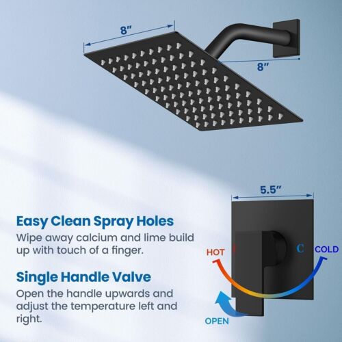 Black Shower Faucet Set 8"Rainfall Shower Head Combo System with Mixer Valve Kit - Picture 3 of 16