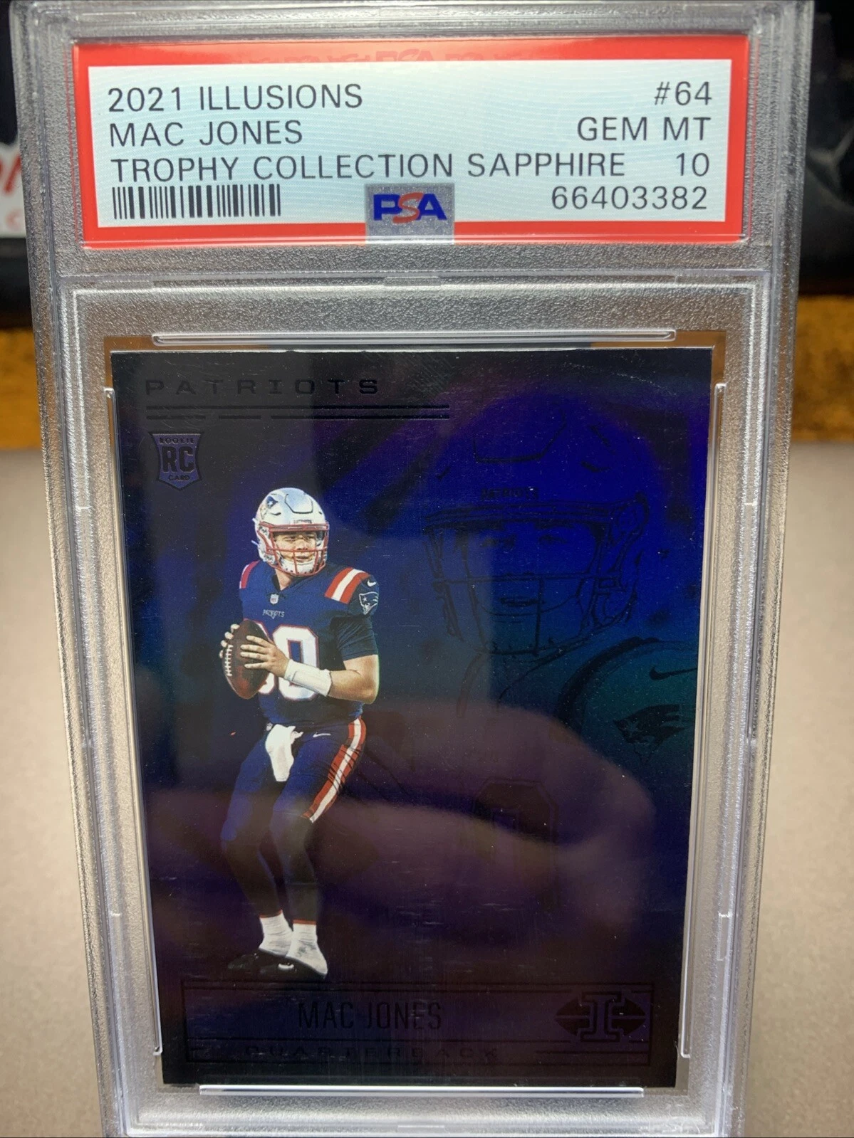 Mac Jones Panini Illusions #64 Trophy Collection Sapphire