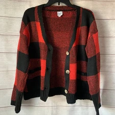 Cozy Co. by Cozy Casual Red and Black Plaid Sweater Cardigan Pockets Size S/M