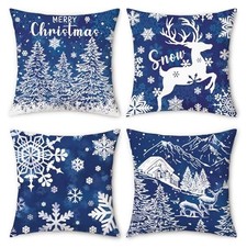 Blue Christmas Pillow Covers 18x18 Inch Set of 4, Snowflakes Winter Blue Night