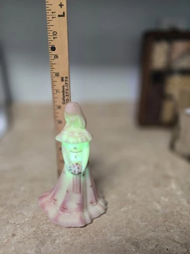 Fenton Pink Burmese Uranium Glow 7" Bridesmaid Figurine Handpainted And Signed