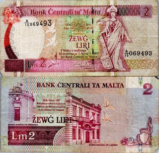 Malta 2 Zewg Liri 1967 Banknote Central Bank of Malta Money Grade VF A23/64