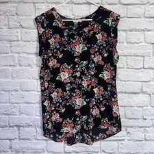 Pleione Womens Black Floral Semi Sheer Sleeveless Blouse Size Large