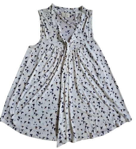 Ember Ivory Navy Blue Birds in Flight Sleeveless Blouse Top Large Sheer Tie