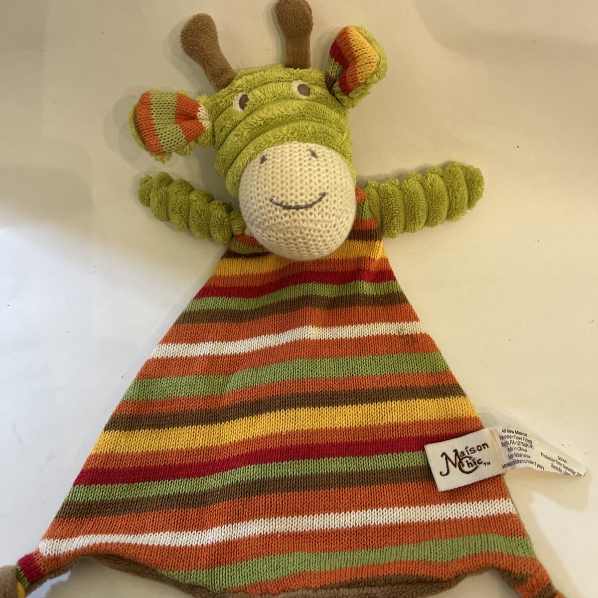Maison Chic Green Giraffe Striped Plush Lovey 12&quot; Security Doll 