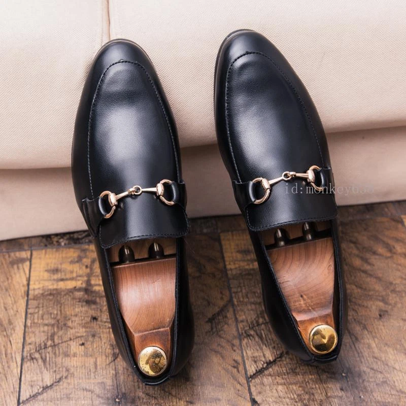 Buy Men's Black Leather Slip on Gold Buckle Dress Shoes Online in