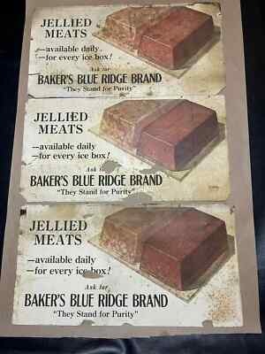 Vintage LOt QTy 3 1928 Jellied Meats Sign Cardboard poster 21x11 bakers blue 