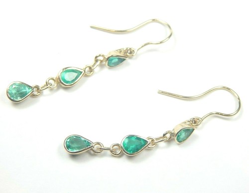 Colombian Emerald Pear Shape Long Earrings 1.96 Cts 18K Yellow Gold Jewelry Muzo - Picture 3 of 12