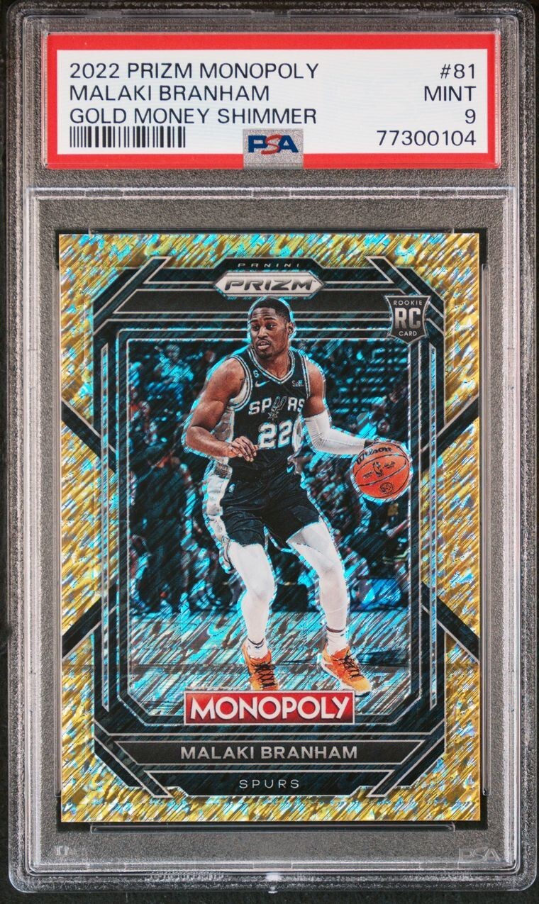 2022 Panini Prizm Monopoly Malaki Branham /500 Gold Money Shimmer RC 81 PSA 9