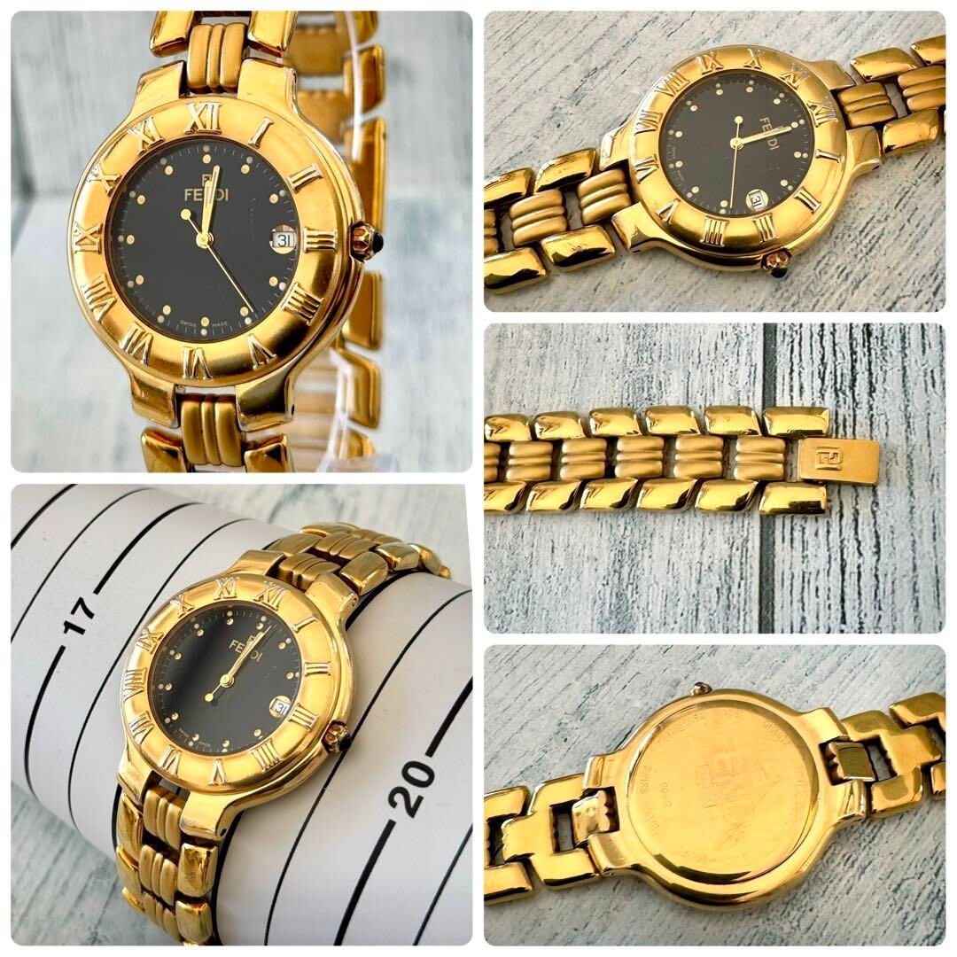稼働品　FENDI 900G デイト ラウンド ブラック文字盤 FENDI 900G Quartz 35mm Black Dial Round Gold Analog Men's