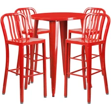 30'' Round Red Metal Indoor-Outdoor Restaurant Bar Table Set with 4 Barstools