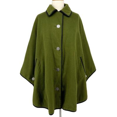 Vintage LodenFrey Munich Cape Green Felted Wool Plaid Mohair Lining Coin Button