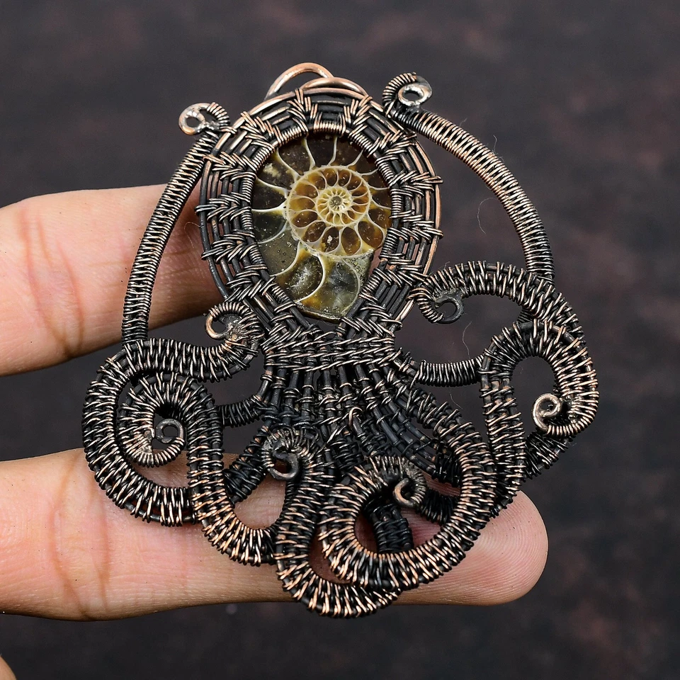 Ammonite Fossil Copper Bestie Gift Wire Wrapped Octopus Pendant 3.23" - Image 2 of 4