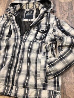Mens Plaid Zip Jacket Hooded L AG Attitude Gold Cotton Beige Brown Field Cargo