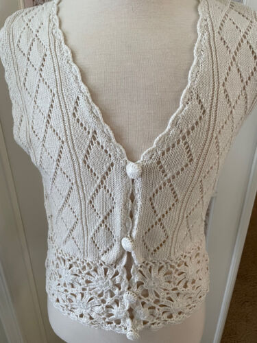 VTG Romantic Expressions Sz L Sweater Vest Knit Crochet Boho White Cover Buttons