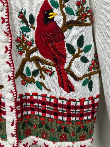 VTG Knit Christmas Winter Cardigan Sweater M Embroidered Beaded Birds Grannycore - Picture 7 of 9