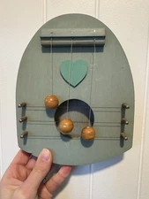 Wooden Door Chime Harp Blue Heart Colored 6x8” 3 Strings Simple Country