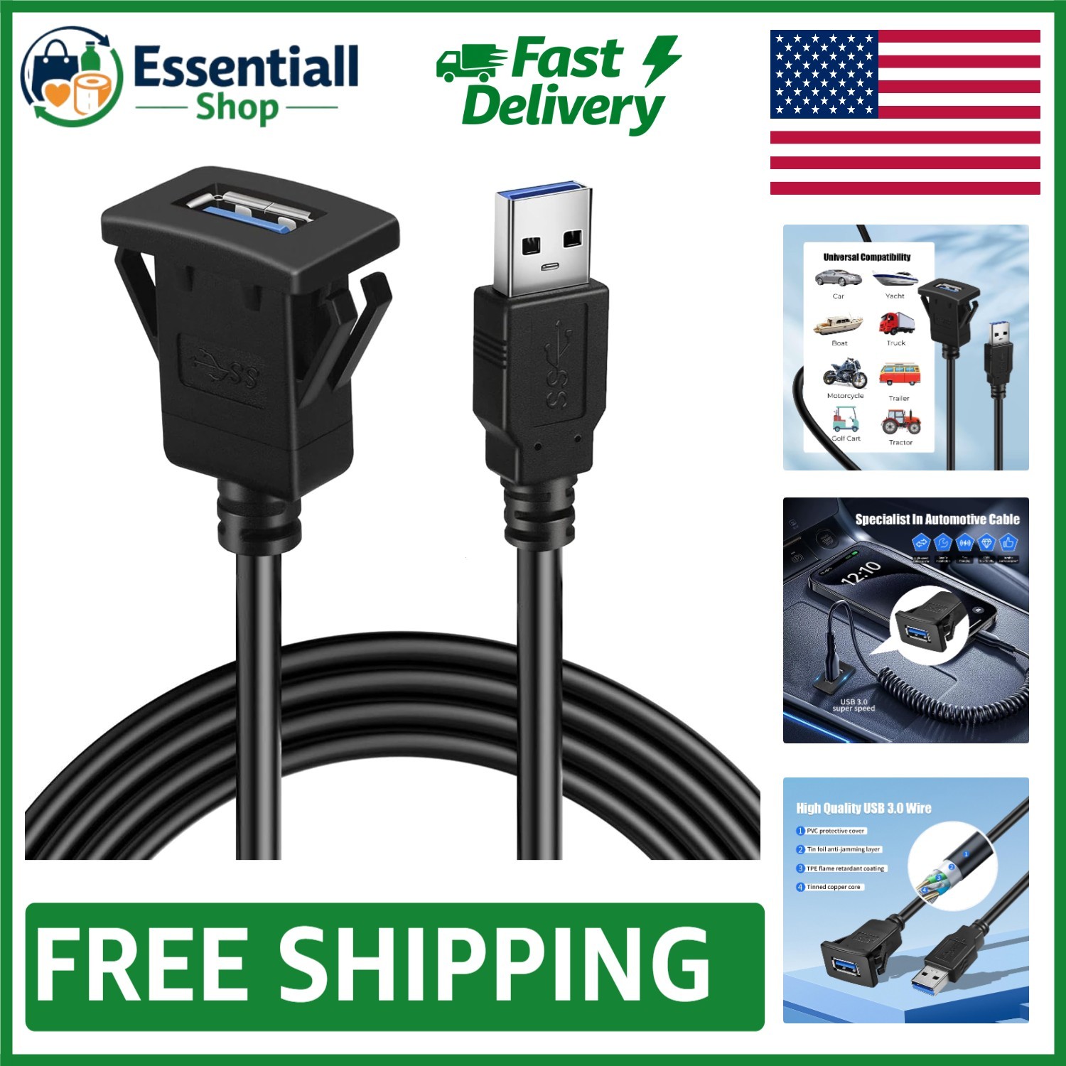 USB 3.0 Flush Mount Extension Cable - Male to Female for Qui